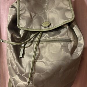 Coach F30781 Signature Nylon Backpack Khaki Sage Green Drawstring Flap Closure